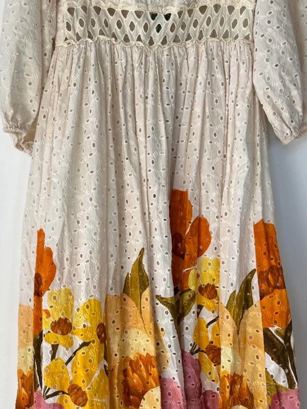 Farm Rio / FARM Chita Bella Eyelet Midi Dress NWT Large Floral Puff Sleeve - Picture 3 of 7